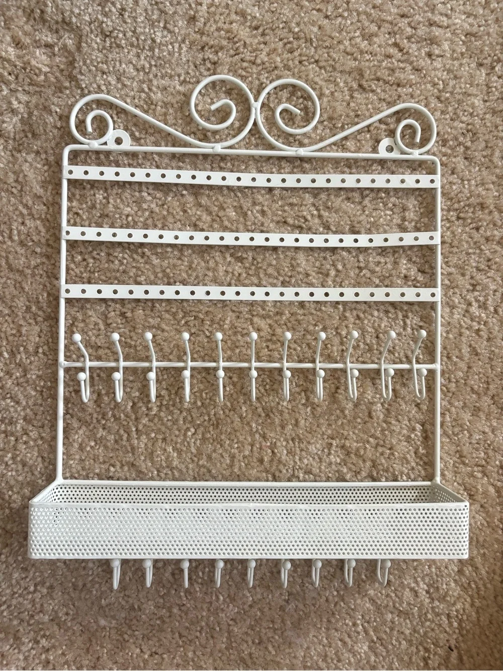 Ivory Metal Wall Jewelry Organizer with Shelf and Hooks